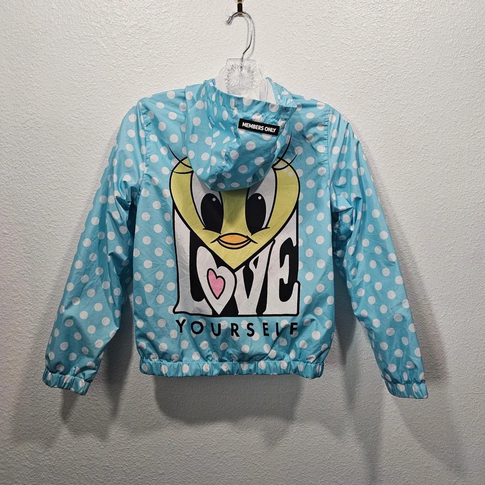 Members Only Looney Tunes Tweety Windbreaker Jacket Blue Polka Dot Kids 10/12